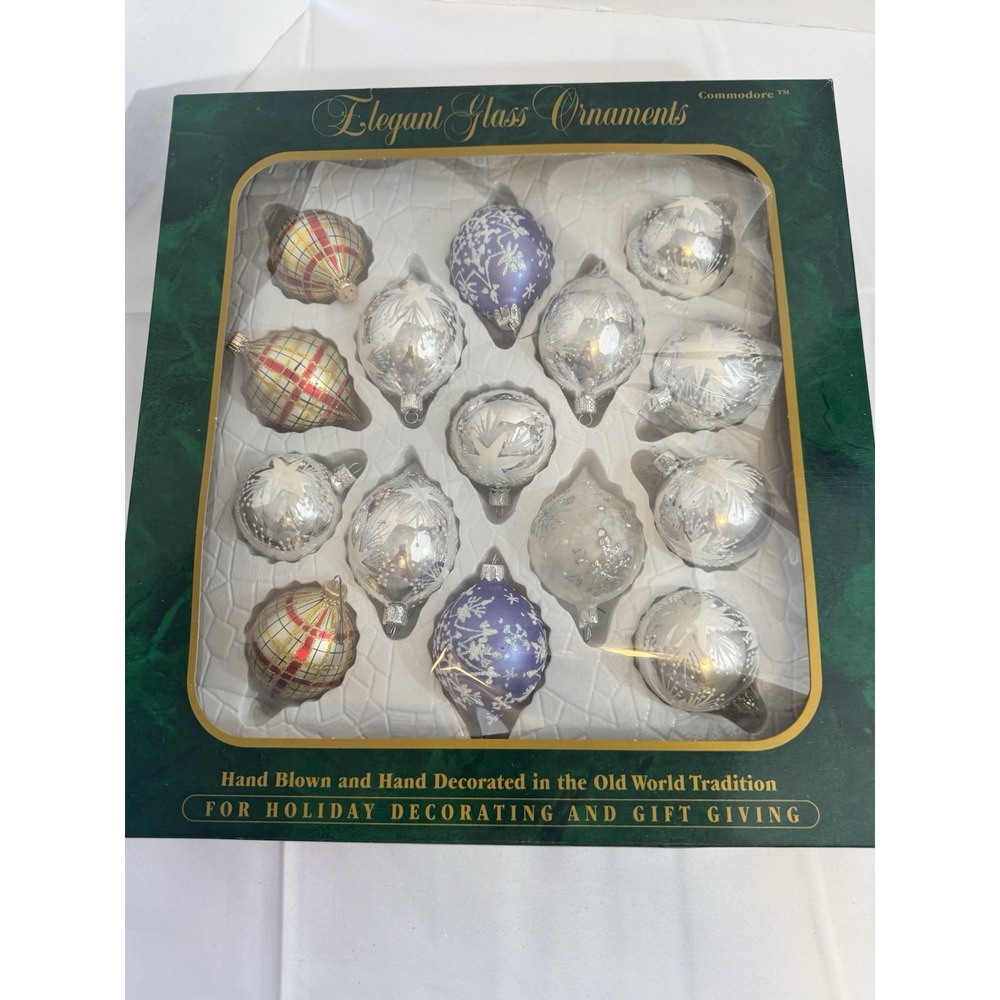 Vintage Commodore Ornaments Glass Hand Blown 15 In Box Snowflake Silver Blue Red